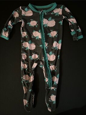 Kickee Pants Black Footed One-Piece with Pink Roses and Teal Trim